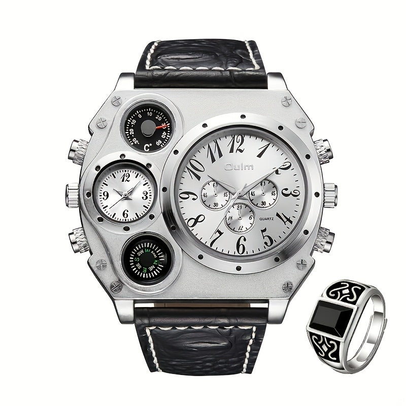 [Dual Time Zone Watch] 2pcs Domineering Men's Dual Time Zone Sports Watch Ring Set Multi-function Quartz Watch with Ring