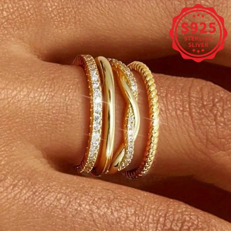 [Sterling Silver Rings] 4pcs Set Of 925 Sterling Silver Twist Halo Rings For Women - Fashionable, Stackable, Suitable For Daily And Party Wear, Total Weight Of The Product (2.93g)