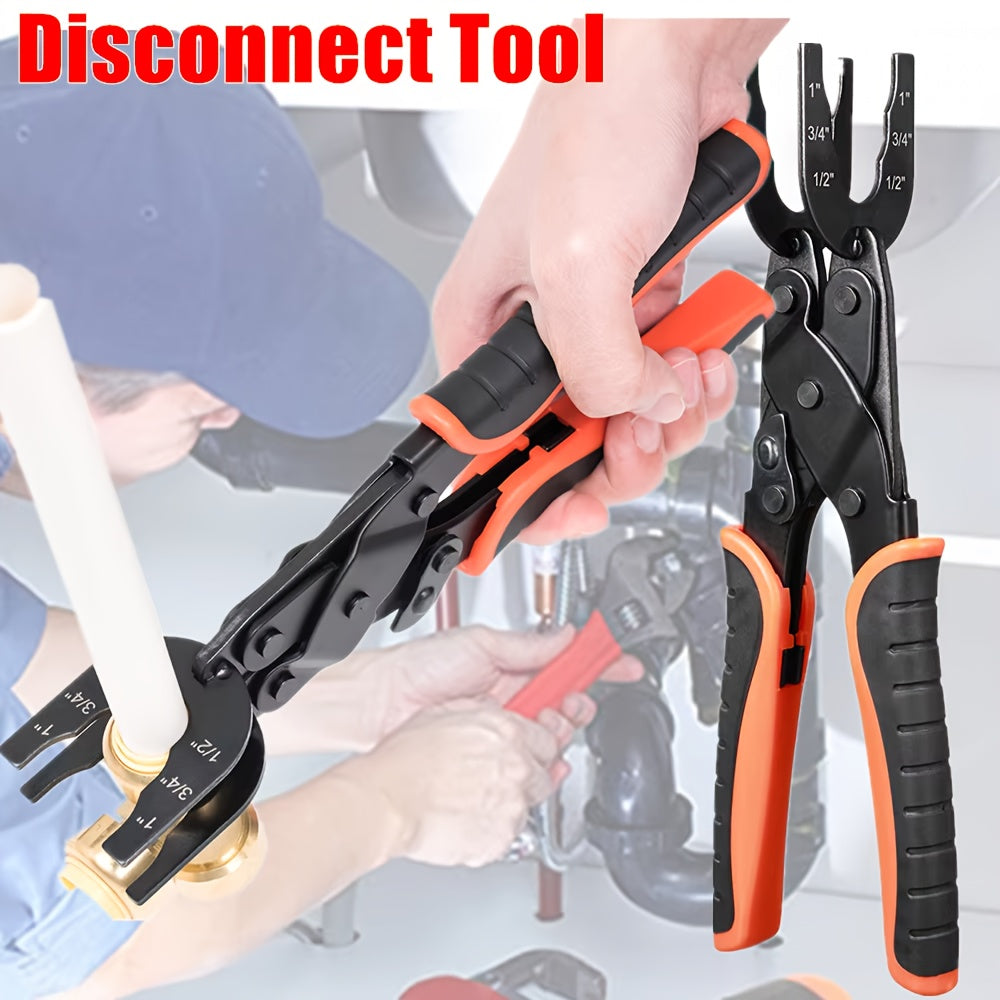 [Pipe Disconnect Tool] Quick Connect Pipe Disconnect Tool Push to Connect Disassembly Pliers Carbon Steel with Ergonomic Non Slip Handle Compact And Compatible with PEX PVC And Copper Pipes Works with 1/2 Inch 3/4 Inch And 1 Inch Fittings for Easy Install
