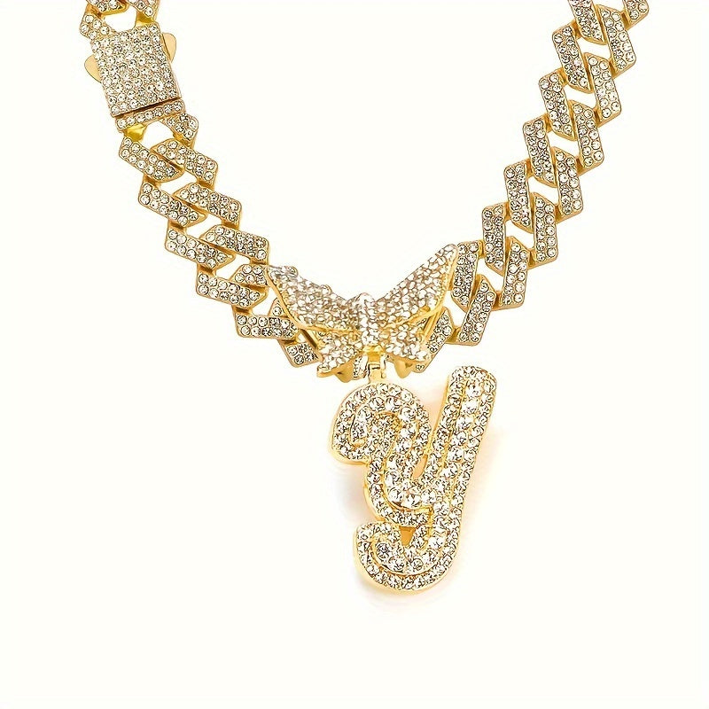 1pc Initial Letter Necklace for Men & Women - Cuban Link Chain with Butterfly Letter Pendant, - Alphabet, Suitable for Birthday/Father's Day/Mother's Day Gifts, Hip Hop Jewelry for,, Family
