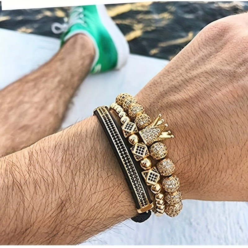 Crown Stone Prism Bead Woven Bracelet Set for Men