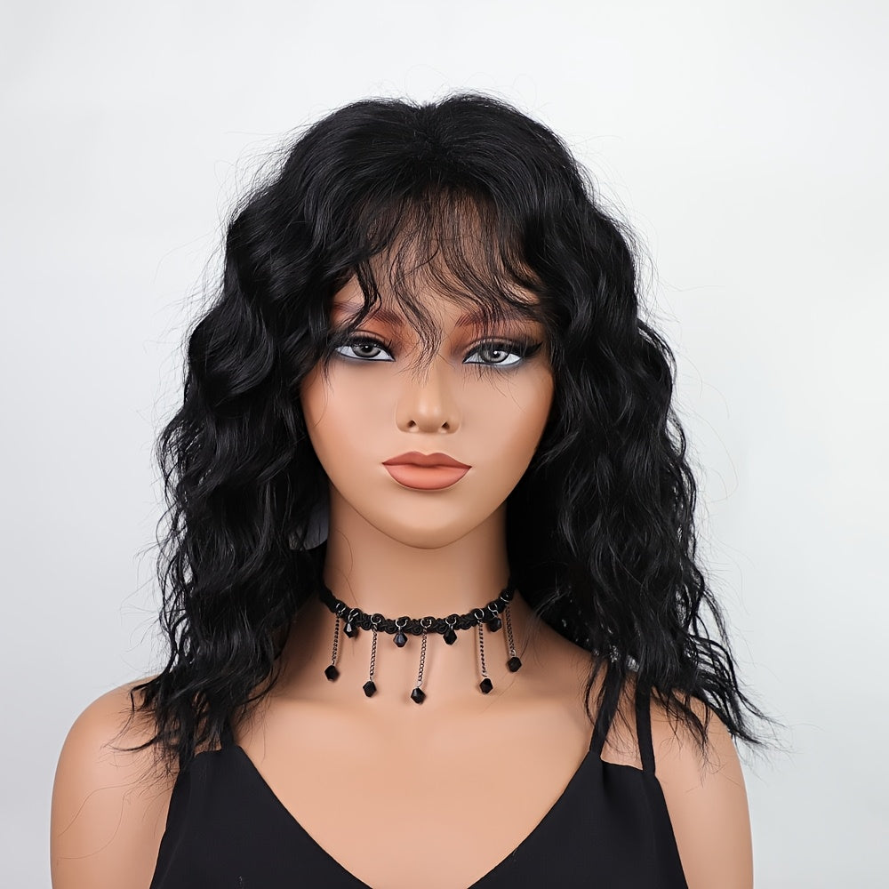 Costume Wig, 1 Elegant 18 Inch Black Curly Wig with Bangs - Heat-resistant Synthetic Fiber, 150% Density Water Wave, Rose Mesh Cap Securely Fixed, Unisex, Daily and Halloween Use, Suitable for All Races, Wig Strap, Multifunctional Hair Accessory