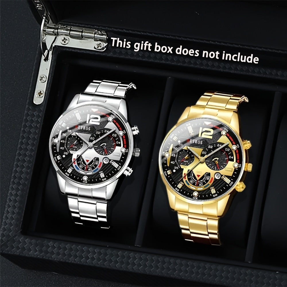2pcs/ set Luxury Men's Watches Fashion Business Male Stainless Steel Date Analog Quartz Wrist Watch Mens Sets Gift Selection