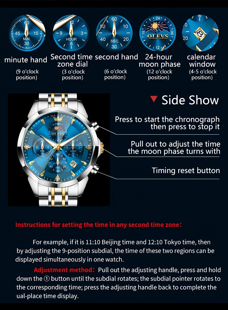 OLEVS Watches for Men Business Dress Analog Quartz Chronograph Luxury Two Tone Stainless Steel Moon Phase Luminous Date Classic Men'S Wristwatches Reloj Para Hombre