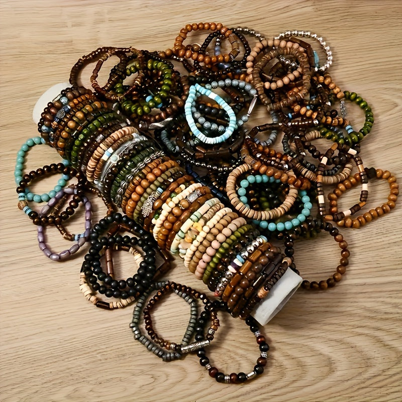 36-Pack Assorted Wooden Beaded Bracelets, Uncoated Metal, Zinc Alloy Charms, Women's Men's Fashion Jewelry, Handmade, Christmas Gift, Random Selection
