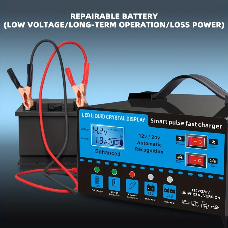 [Intelligent] 12V And 24V Intelligent Universal Battery Charger Inverter, With LCD Display Intelligent Maintenance Overcharge And Short Circuit Protection, Suitable For Intelligent Trickle Charging Maintenance Of Various Cars, Yachts, And Batteries