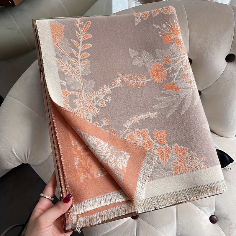 Bohemian Ethnic Style Plant Flower Imitation Cashmere Scarf for Women, Autumn And Winter Printed Warm And Thick Long Jacquard Shawl, British Retro French Cardigan, Outdoor Fashion Scarf