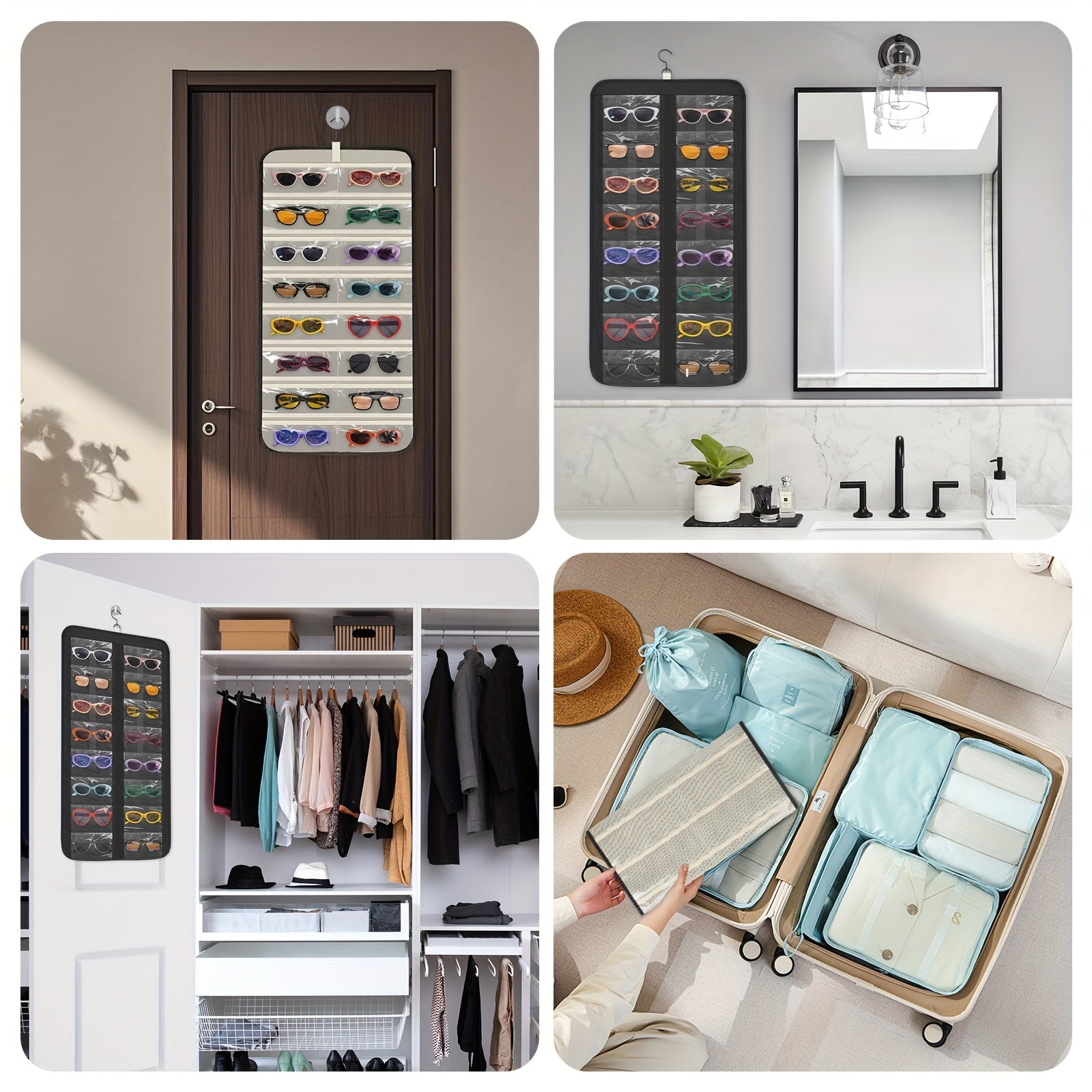 Hanging Fashion Glasses Organizer, -Sided Glasses Case and Jewelry Storage Holder, Wall-Mounted, 32 Clear Slots, Dust-Proof for Travel