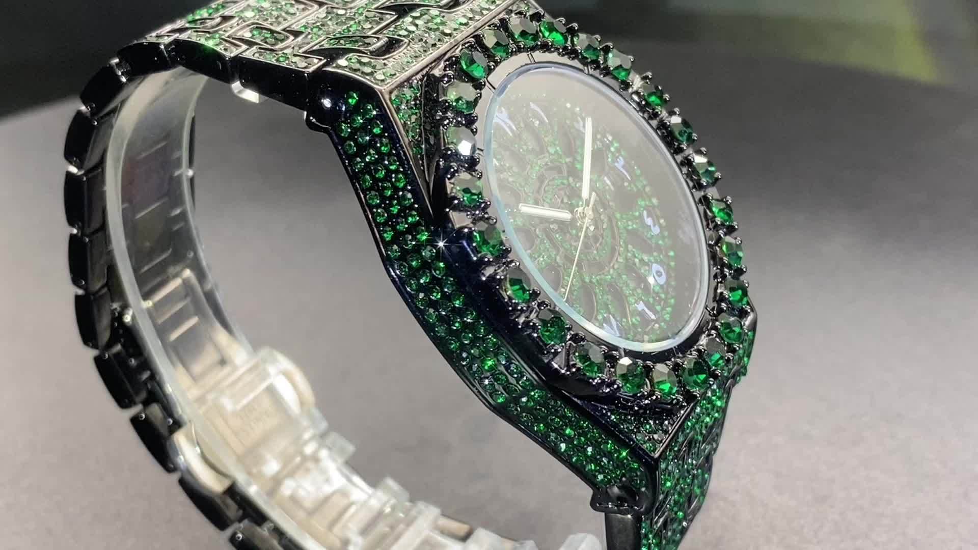 Men'S Hip-Hop Timepiece, Social Event Watch for Men, Big Face Green Ice Faux Faux Gemstone, Glow-In-The-Dark Hands Clock, Luxury Gift for Men