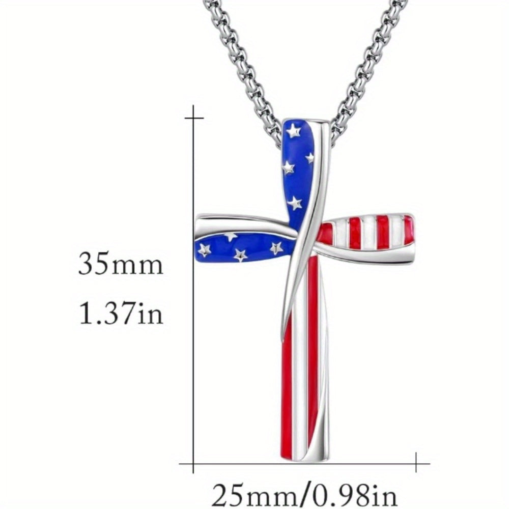 925s Patriotic Cross Pendant Necklace, Red, White, Blue Star Spangled Banner, American Flag, Independence Day, Suitable for Any Occasion, Best Choice for Gift Giving