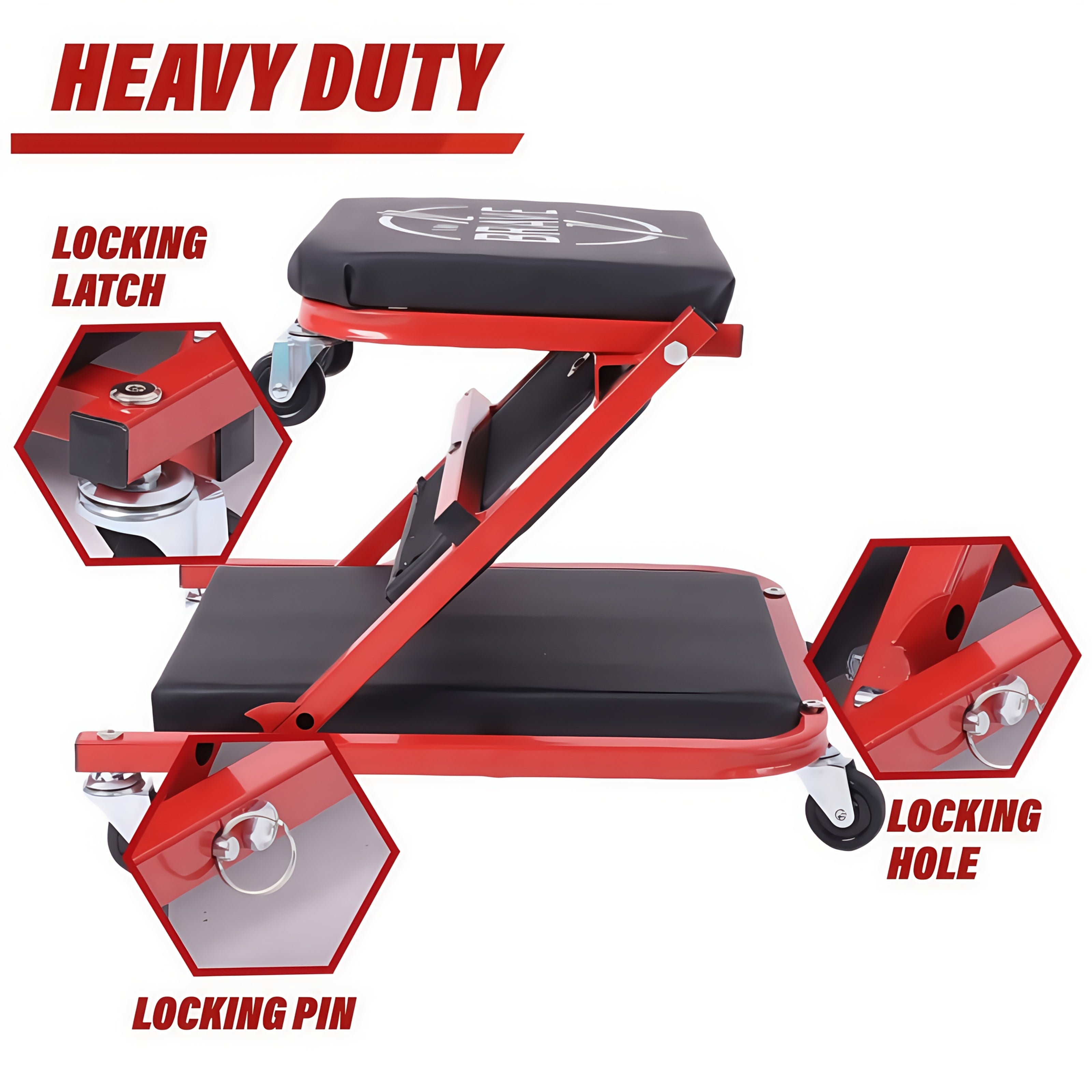 36" Heavy-Duty 3-In-1 Folding Crawler. Professional-Grade with Adjustable Z-Seat (Tilt/Recline). Features 6 Lockable Casters And A 350-650 Lb Capacity. The Essential Red/Black Tool for Multi-Purpose Automotive Repair