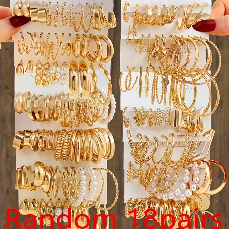 [Christmas] A Random Selection Of 18 Pairs Of Simple And Elegant Women's Fashion Hoop Earrings, Set With Imitation Pearls And Featuring A Heart-Shaped, Twisted, Geometric, Irregular Design. Perfect For Everyday Wear, Parties, Music Festivals And Christmas