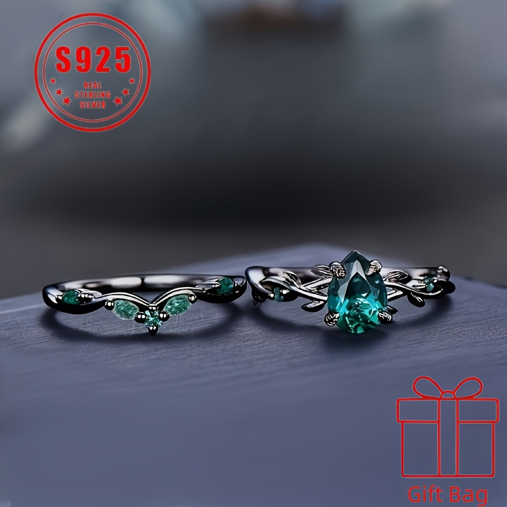[Christmas Gift] 925 Sterling Silver Elegant Gothic Black Ring With Synthetic Jadeite Grape Pear Design, Birthstone, Christmas Theme, Suitable For Daily And Party Occasions, Seasonal Jewelry Gifts Total Weight Of The Product (With Gift Bag) (1.95G)