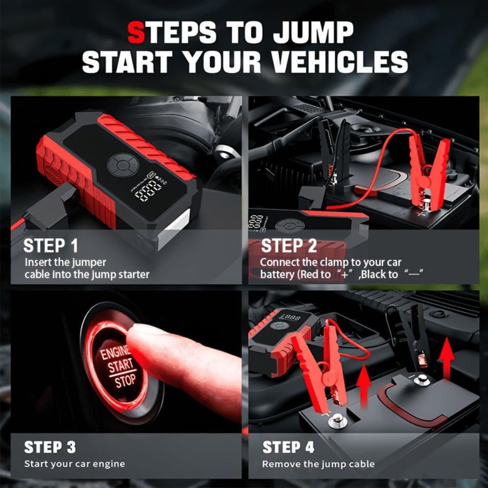 10000A 7-In-1 Multifunctional Emergency Jump Starter with 150PSI Air Pump, Digital Tire Inflator, Portable Car Battery Charger, Up to 2.64gal Gas/2.38gal Diesel, LED Emergency Light & USB Charging, Car Emergency Tool. Suitable As a Holiday Gift