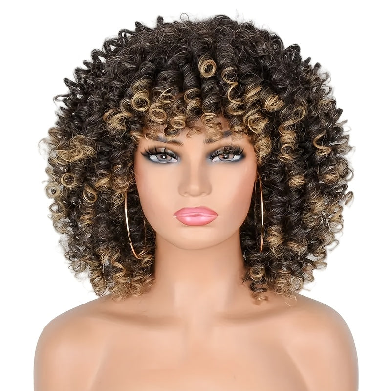 Women's Coily Afro Wig with Bangs - High Temperature Fiber, Glueless Elastic Cap, Heat Resistant - Celebrity Style Middle East Collection | Natural Ombre Brown Color | 14-inch Synthetic African Cosplay Wig