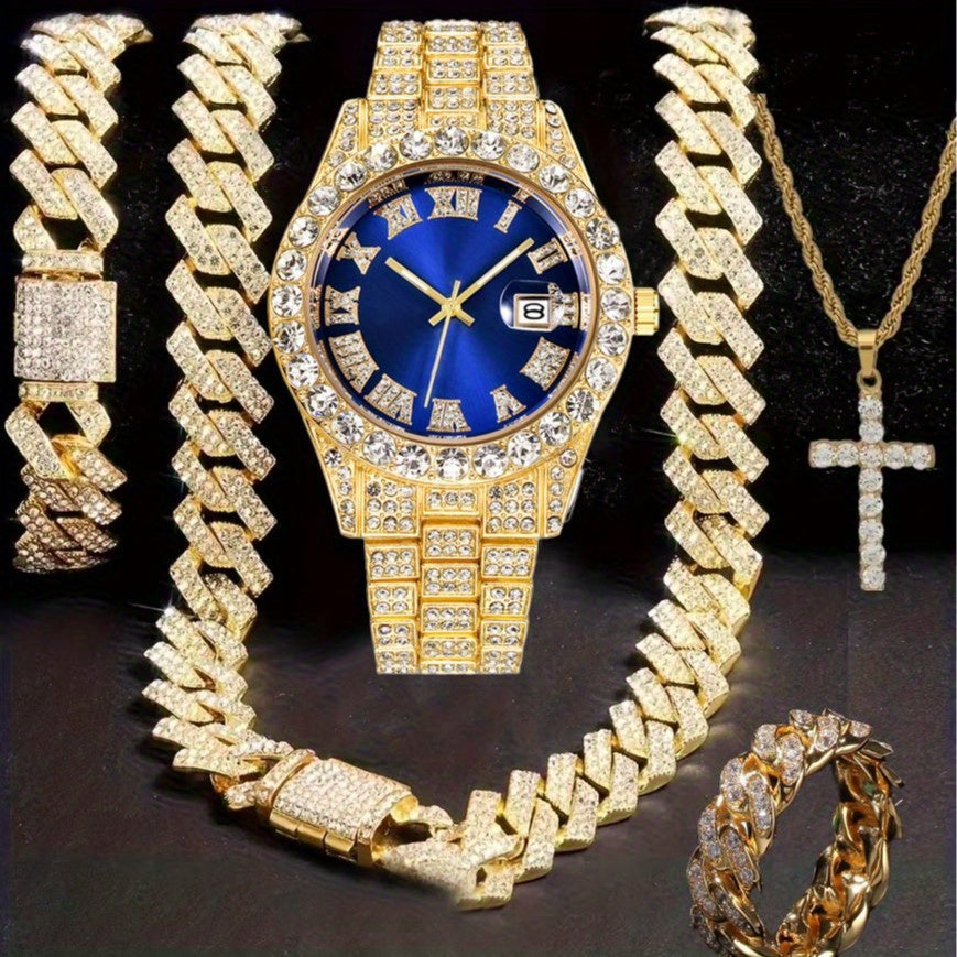Men'S Hip Hop Set: Trendy Watch, Cuban Chain Pendant Necklace And Bracelet Combo, Stylish Men'S Additions Gift for Christmas, Birthday, Valentine'S Day, And Father'S Day