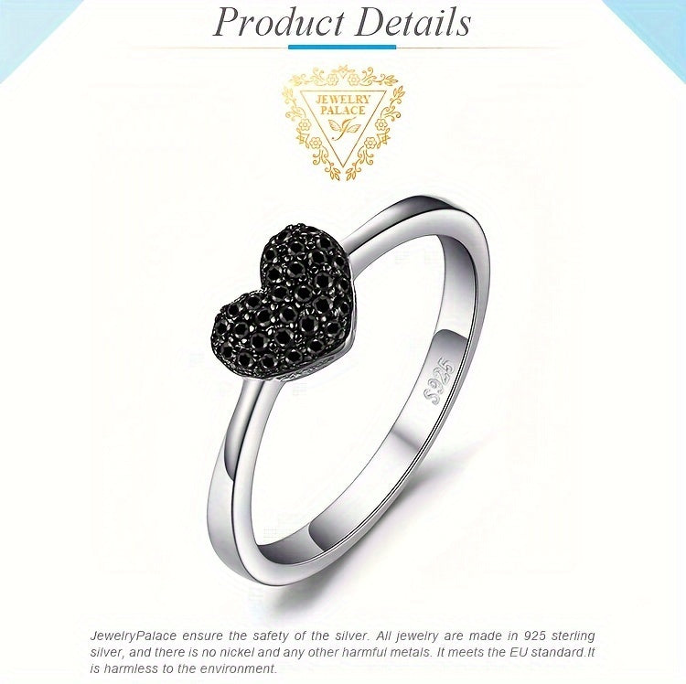 1pc 925 Sterling 925 Silver Cute And Elegant Love Heart Design Exquisite Round Cut Natural Black Spinel Silvery Ring for Women for Daily Decoration for Dating Gift Fine Jewelry