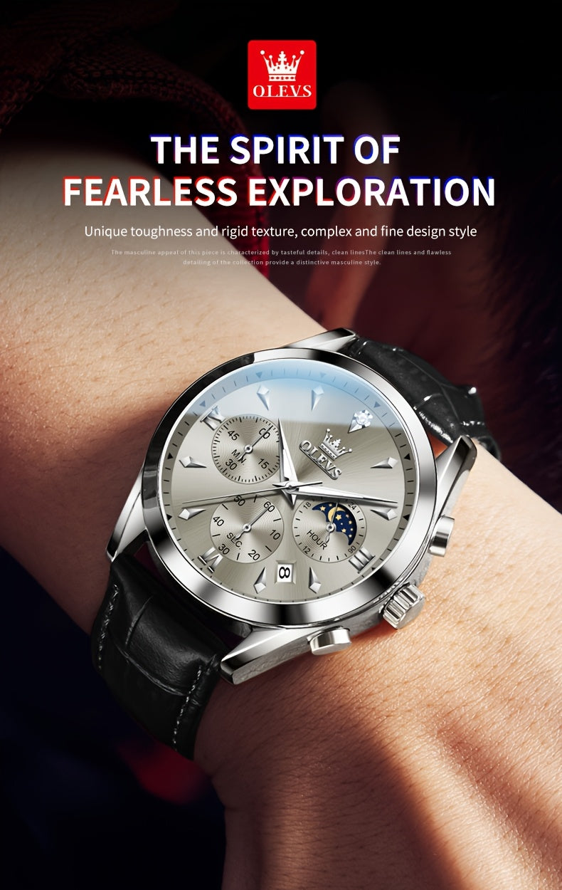 OLEVS Men'S Watches - Stylish Casual Analog Quartz with Faux Leather, Waterproof, 6-Hand Multifunction Chronograph, Luminous Business Date, Moon Phase, Gray/Black Dial Wristwatch for Men