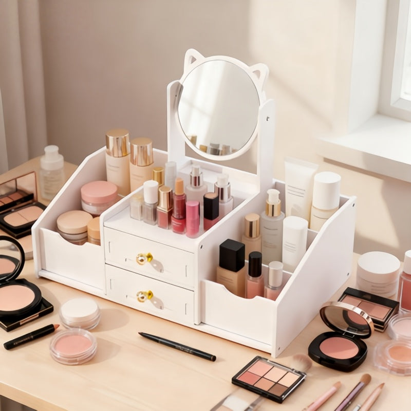 Jewelry Box, Small Makeup Storage, Requires Manual Assembly, Cute Cat Ear High-definition Mirror, Sweet and Exquisite Design, Light Luxury and Exquisite, Suitable for Use in the Living Room, Washbasin, and Dressing Room.