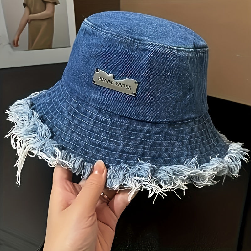 Lightweight Blue Bucket Hat with a Raw Hem, Featuring a Distressed Look, Perfect for Casual Sun Protection for Both Men And Women