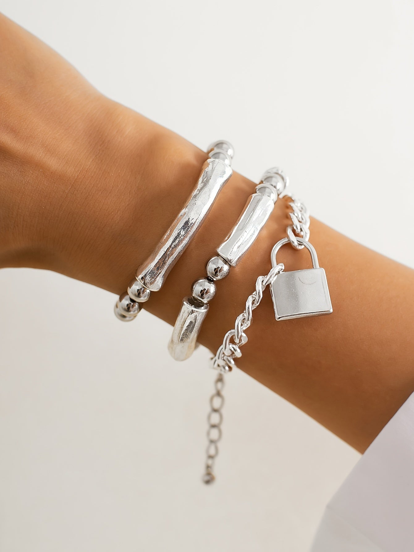 3pcs 925 Silver Exquisite Silvery Beaded Punk Bracelet Set with Lock Pendant