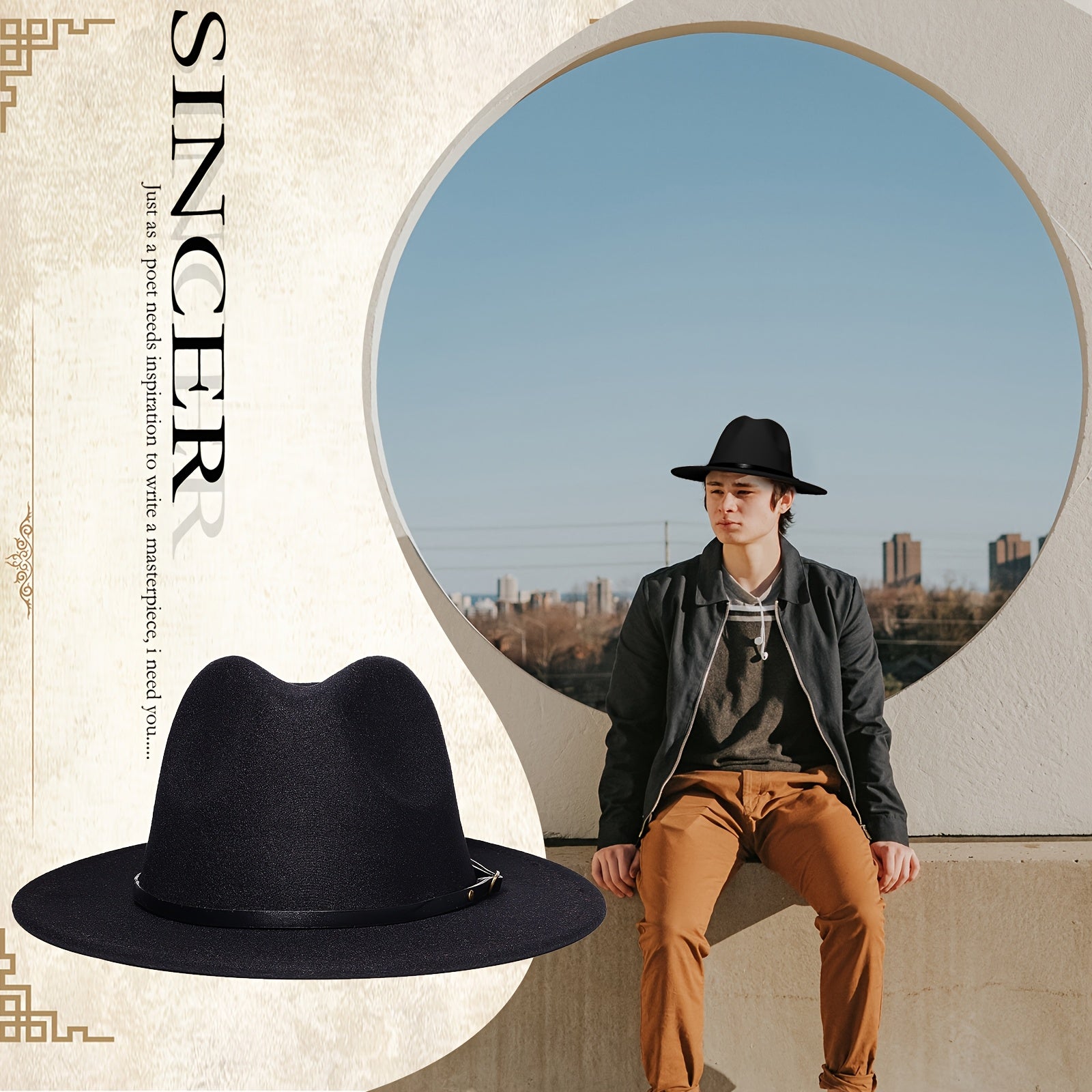 Classic Felt Panama Hat with Belt Buckle - Women's Men's Wide Brim Fedora Hat Trilby Cap