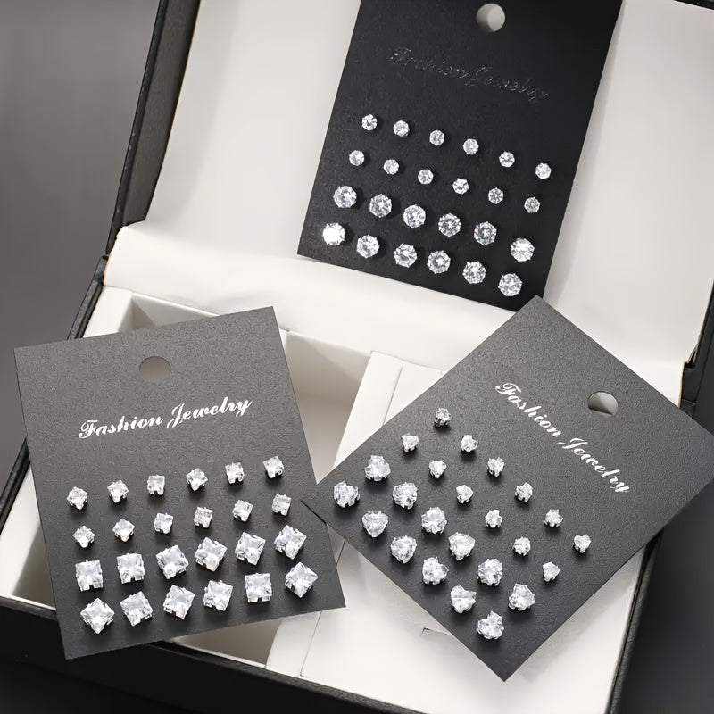 Fashion Street Minimalist Style 72pcs Sparkling Synthetic Synthetic Zircon Stud Earrings Set, Geometric Love Heart Round Square Shape, Suitable for Men And Women Daily Match for Party Vacation Dating Holiday Gift