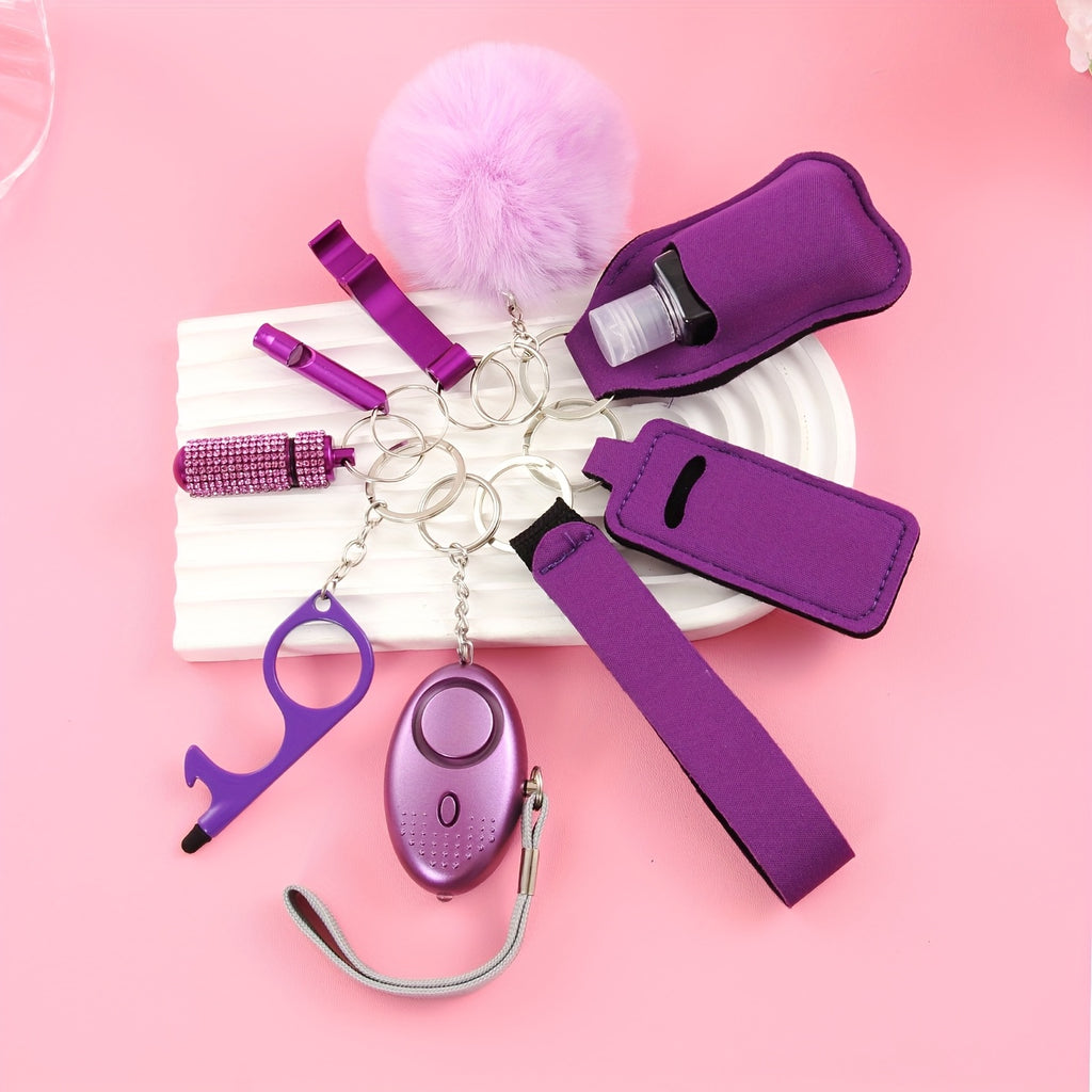 UNISEX Safety Keychain Set. Gift Box Set With 9 Cute Keychains For Ladies, Including Pom-poms, Personal Alarms, Bottle Openers, Rhinestone Shiny First Aid Kits And Survival Whistles. For Daily Use And Holiday Gift Giving