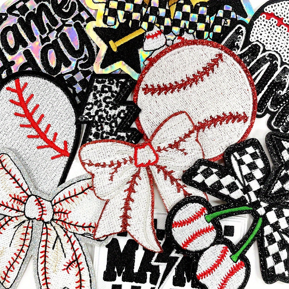 Set of 13 Baseball-Themed Sequin Embroidered Patches, Featuring a Sporty Style with Checkered Patterns, Stars, Bows, Baseball Gloves, And Bat Designs. Perfect for Fashion, Bags, And Decorations