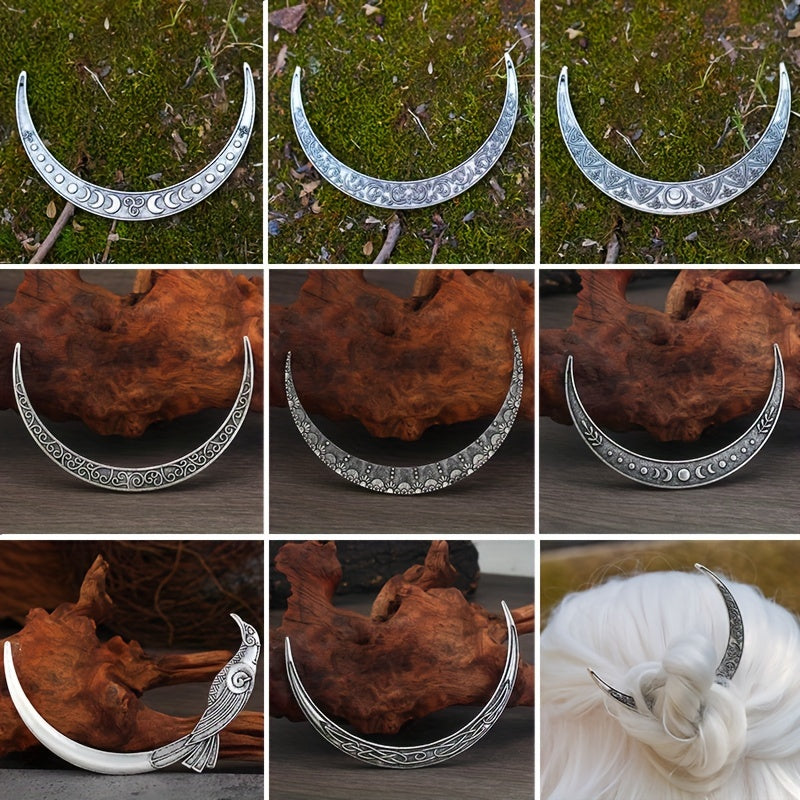 Elegant Hair Clip With 9 Pieces Of Crescent Moon Shape, Inspired By Viking Crow And Mandala Unique Design.