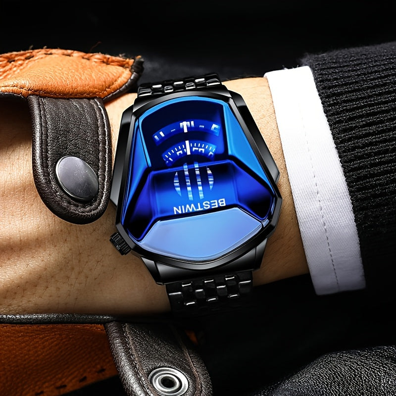 Unique Dashboard Design Men Watches Top Brand Fashion Blue Rhinestones Dial Steel Strap for Man Business Quartz Watch for Gifts
