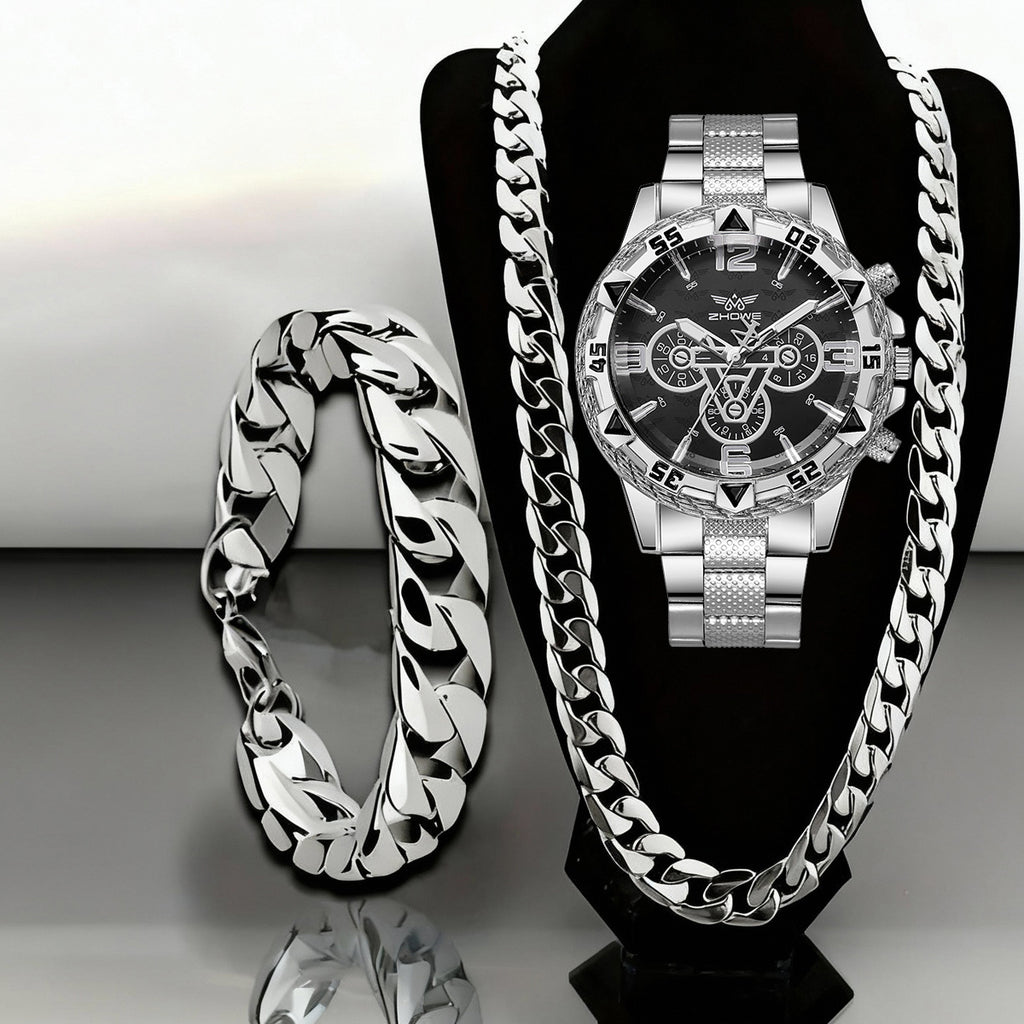 3pcs Luxury Men's Quartz Watch & Bracelet Set with Necklace - Stainless Steel Strap, Large Dial Analog Business Watches, Round Alloy Case - Durable Watch Gift Suitable for Christmas, Thanksgiving, Day of the Dead - Elegant Men's