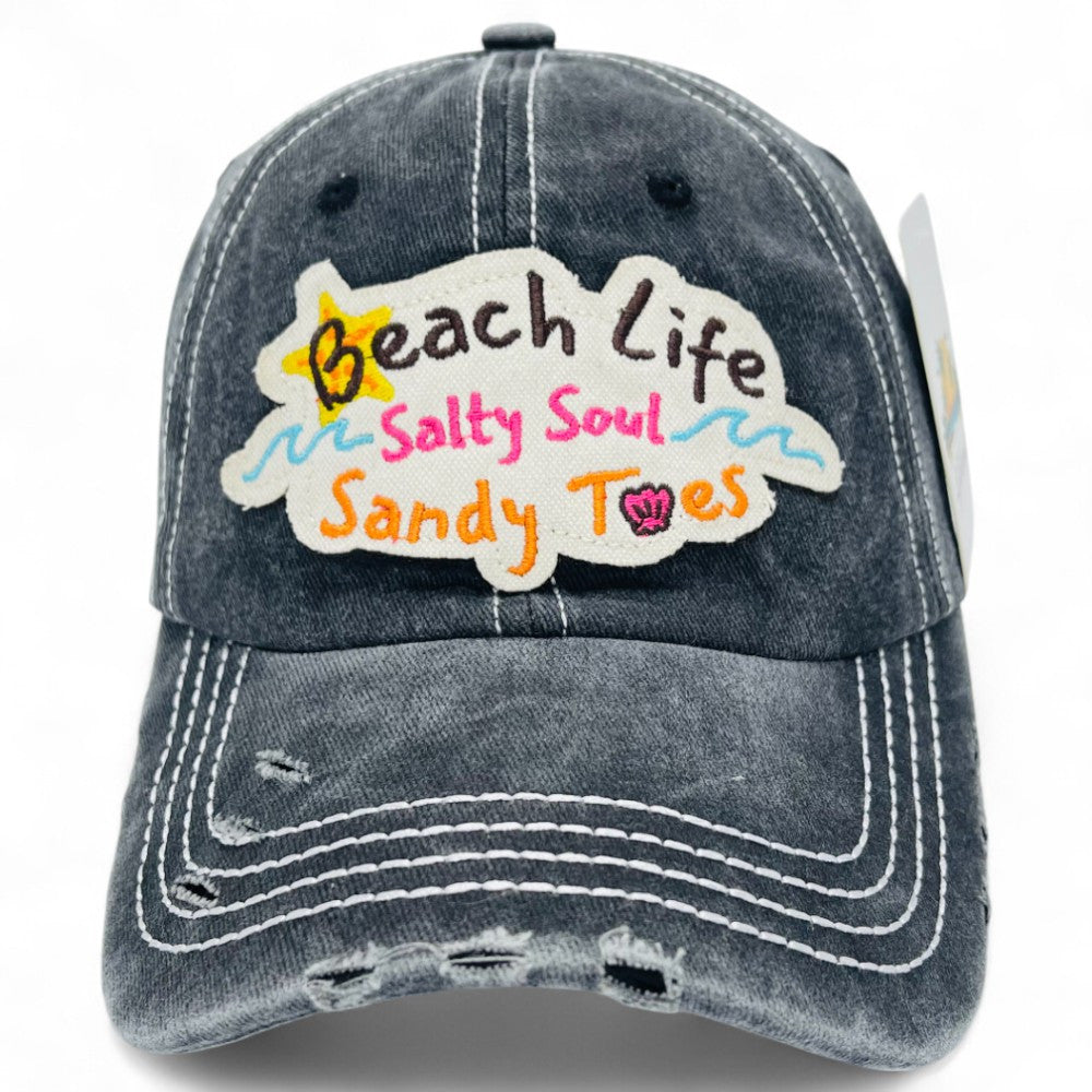 "Beach Life Salty Soul Sandy Toes" Baseball Cap-Local Artist Designed, Vintage, Distressed, Embroidered, 100% Cotton, UV Protection, Adjustable