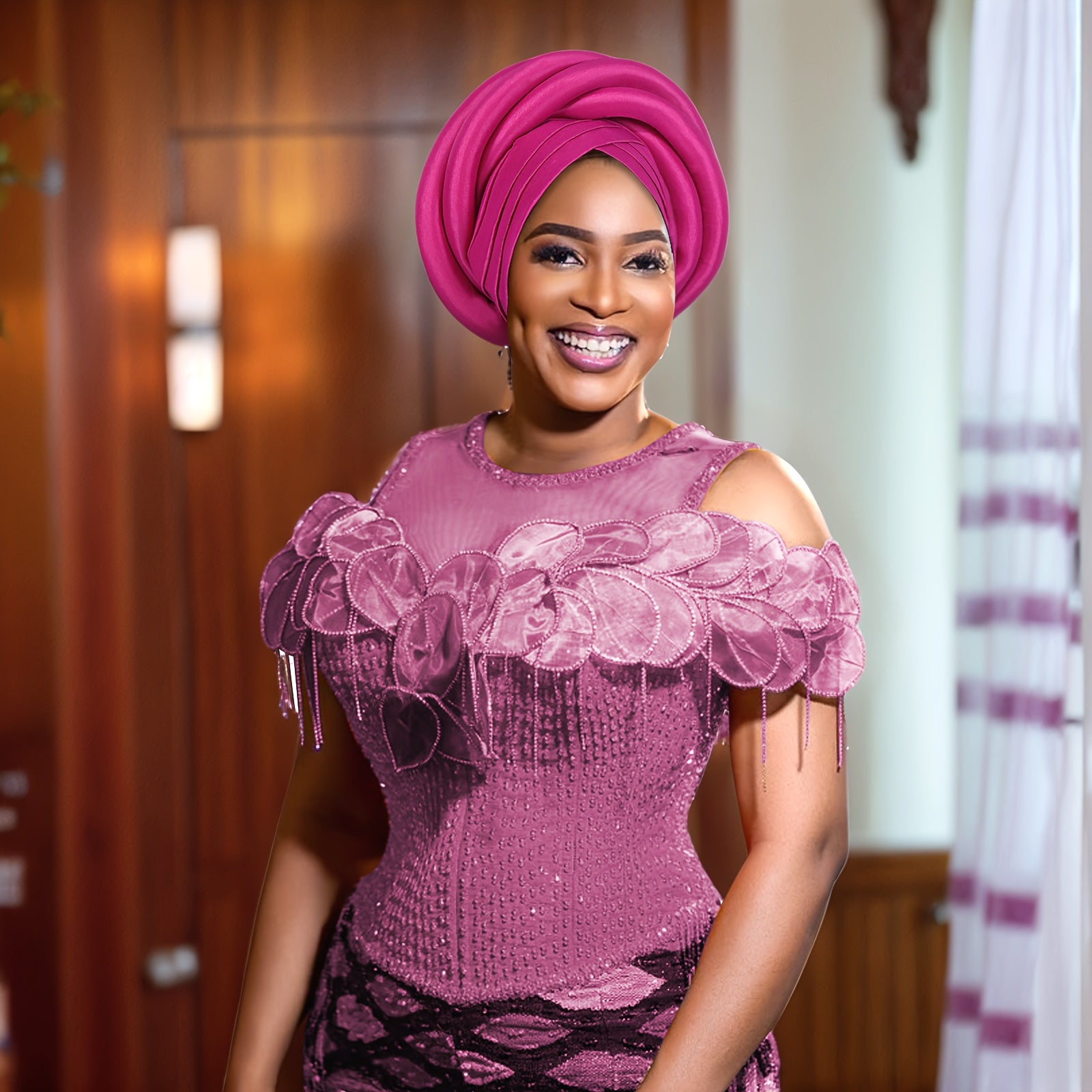 [Exquisite Nigerian Wedding Hat] Exquisite 100% Polyester Nigerian Wedding Hat for Women - Sponge Turban with Elasticity, Religious Theme, Button Closure, Craftsmanship, Hand Washable - Perfect Festive Headwear for Special Occasions