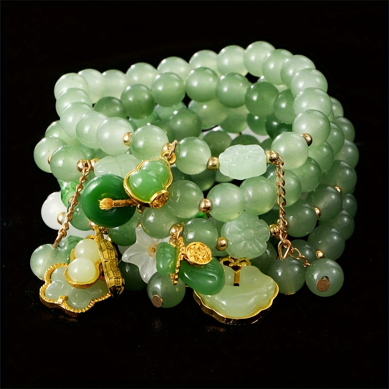 [7pcs Bead Chain Bracelet] Elegant 7pcs Bead Chain Bracelet Set, Butterfly And Lily Pendant Set Imitation Jade, Retro Chinese Style, Suitable For Daily Gifts And Wear, Suitable For Men And Women