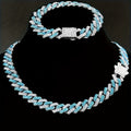 Full Set Of Rhinestones Embellished Geometric Blue Heavy Cuban Link Chain Necklace for Men And Women - Durable Zinc Alloy Construction, Non-Precious Metal Plating, Personality Jewelry with Mosaic Rhinestones, Hip Hop Style, Perfect for Fashion Lovers