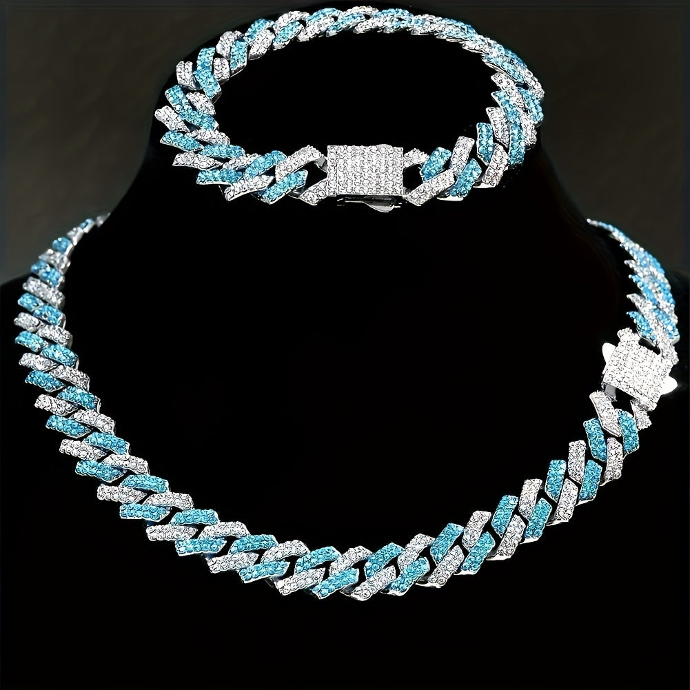 Full Set Of Rhinestones Embellished Geometric Blue Heavy Cuban Link Chain Necklace for Men And Women - Durable Zinc Alloy Construction, Non-Precious Metal Plating, Personality Jewelry with Mosaic Rhinestones, Hip Hop Style, Perfect for Fashion Lovers