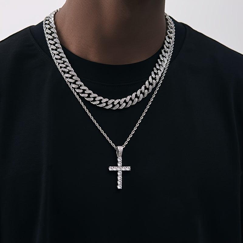 5pcs, Men's Rhinestone Watch Set, Fashionable Cross Necklace Ring Bracelet Set, Christmas Set