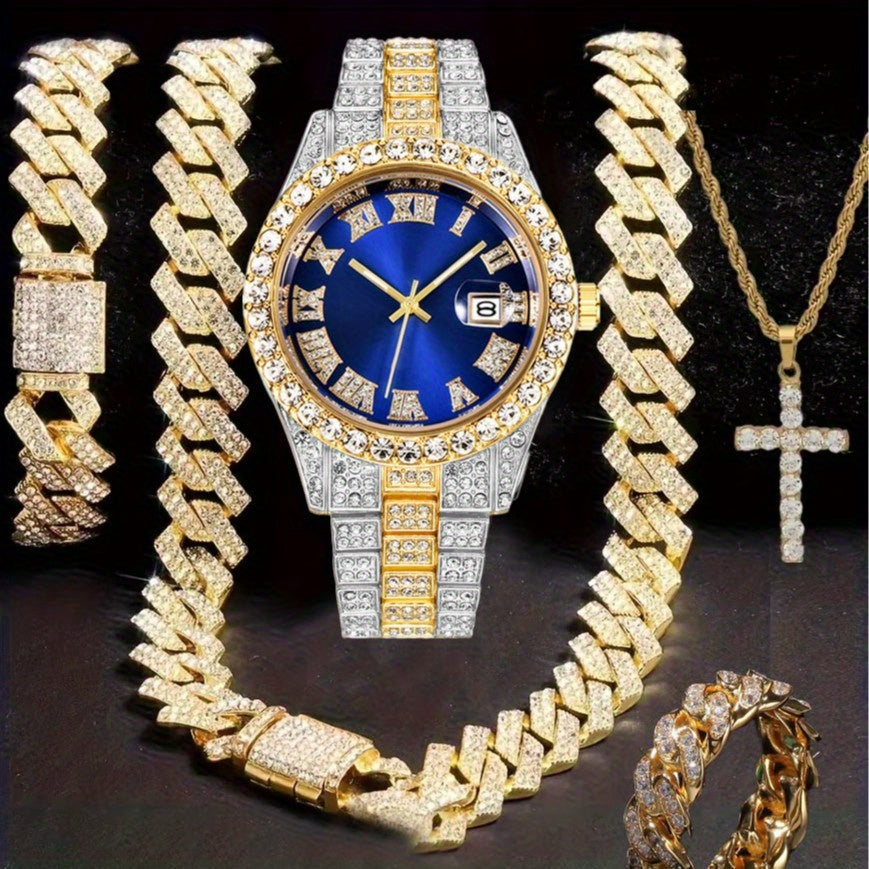 Men'S Hip Hop Set: Trendy Watch, Cuban Chain Pendant Necklace And Bracelet Combo, Stylish Men'S Additions Gift for Christmas, Birthday, Valentine'S Day, And Father'S Day