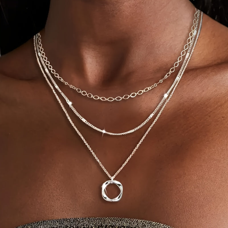925 Pure Silvery Women's Necklace, Multi-layer Round Pendant Stacking Design, Trendy Fashion Jewelry, Suitable for Party and Vacation, Women's and Girls' Gifts