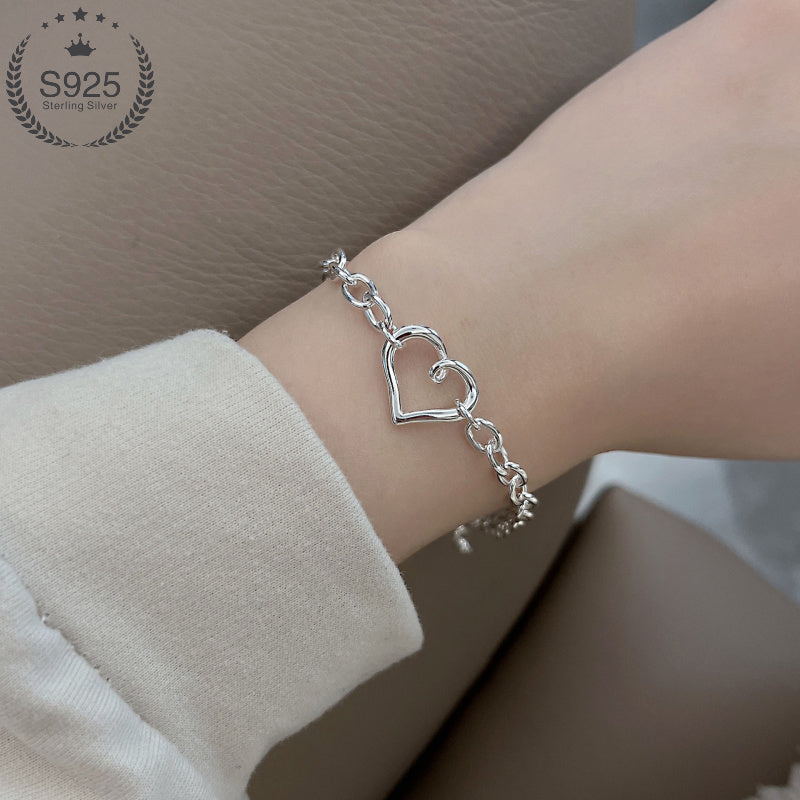 [Mother's Day Gift] 1pc S925 Sterling Silvery Minimalist Hollow Heart Bracelet, Niche Design Versatile Jewelry for Women - Low Allergy Sensitive Light Beige Friendly Elegant Fashion Accessory Perfect Gift for Mother's Day, Wedding