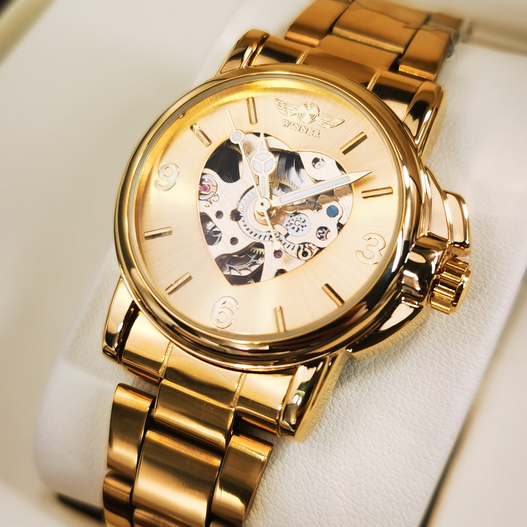 T-WINNER Luxury Golden Skeleton Automatic Mechanical Watch with Luminous Heart Dial, Royal Golden & Stainless Steel Band - Elegant Casual Wristwatch for Christmas, Thanksgiving, Birthday Gifts, Special Occasion Wristwatches
