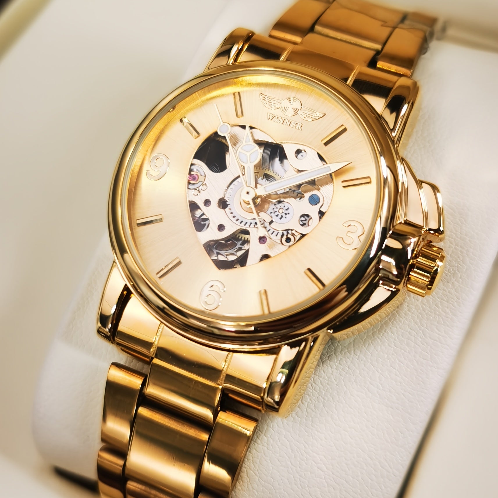 T-WINNER Luxury Golden Skeleton Automatic Mechanical Watch with Luminous Heart Dial, Royal Golden & Stainless Steel Band - Elegant Casual Wristwatch for Christmas, Thanksgiving, Birthday Gifts, Special Occasion Wristwatches