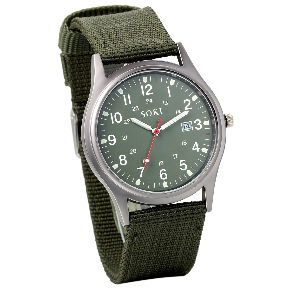 Outdoor Sports Men'S Analog Quartz Watch, Round Case, Green Nylon Strap, 24-Hour Scale, Calendar, Luminous Dial, Can Be Used for Casual, Business, Sports, Gifts