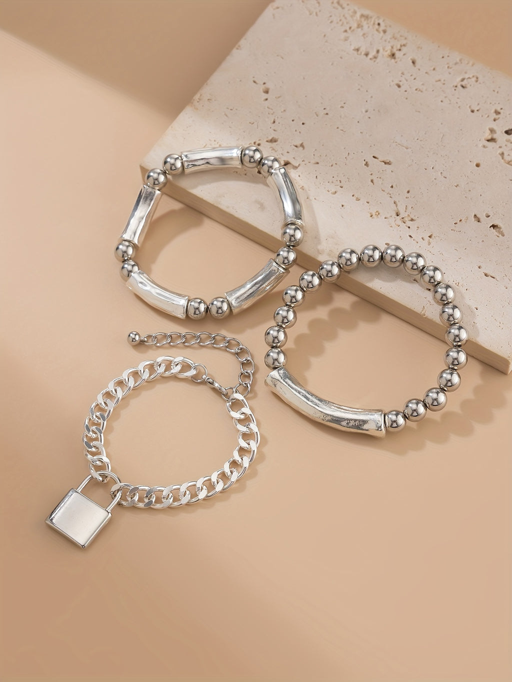 3pcs 925 Silver Exquisite Silvery Beaded Punk Bracelet Set with Lock Pendant