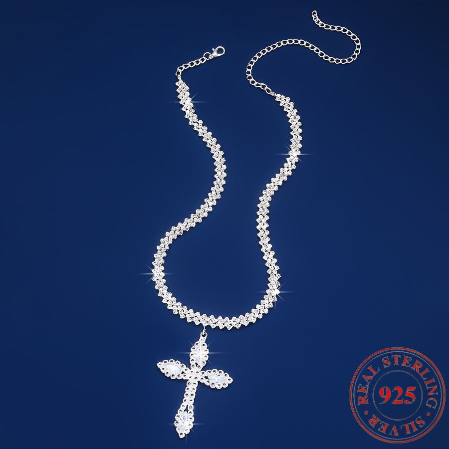 925 Silver Luxury Shining Cross Pendant Necklace, Synthetic Synthetic Zirconia, Silver Neck Jewelry Gift, Luxury, Exquisite, And Elegant, Neck Necklace