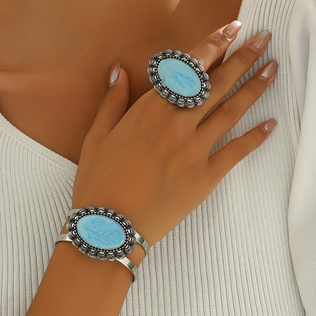 [Fashion Jewelry Set] 1 Ring and Bracelet Set | Women's Fashion Jewelry Retro Geometric Black Acrylic for Everyday All-in-One Party Gifts - Local Warehouse