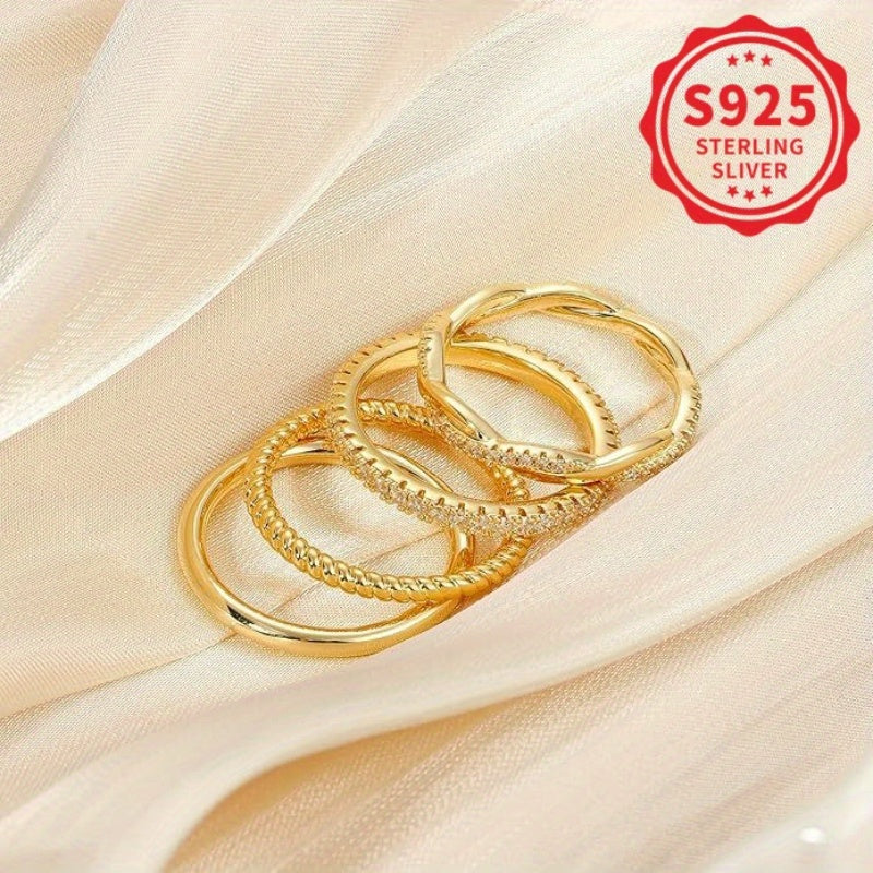 [Sterling Silver Rings] 4pcs Set Of 925 Sterling Silver Twist Halo Rings For Women - Fashionable, Stackable, Suitable For Daily And Party Wear, Total Weight Of The Product (2.93g)