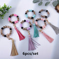 6pcs/set Leopard Print Wooden Bead String Wrist Key Ring Tassel Silicone Bead String Keychain Gift for Mom, Gift for Friends, Perfect Holiday Gift