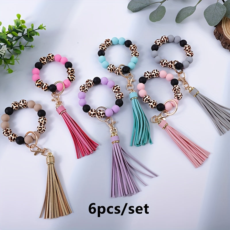 6pcs/set Leopard Print Wooden Bead String Wrist Key Ring Tassel Silicone Bead String Keychain Gift for Mom, Gift for Friends, Perfect Holiday Gift